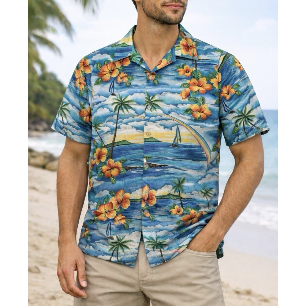 Vintage Shirt XXL Rai Nani Hawaiian Floral Boats Cotton USA MADE 48” Chest